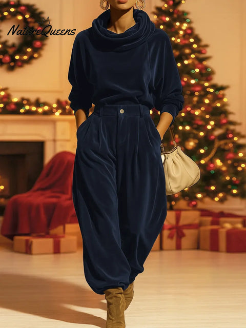 Women's Solid Color High-Neck Long-Sleeve Velvet Sweatshirt and High-Waisted Wide-Leg Pants Set