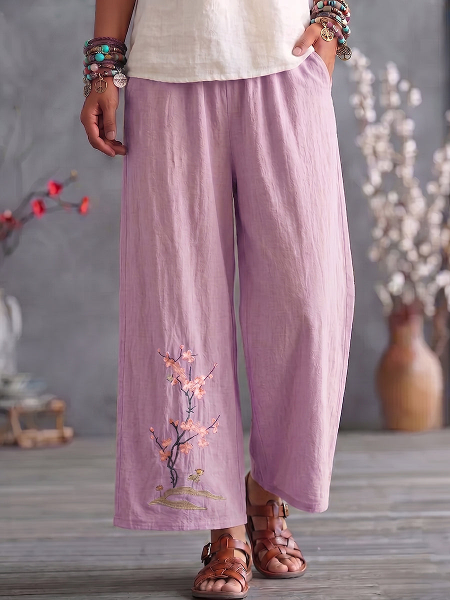 Cozy Floral-embroidered Cotton-linen Straight-leg Cropped Pants