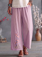 Cozy Floral-embroidered Cotton-linen Straight-leg Cropped Pants