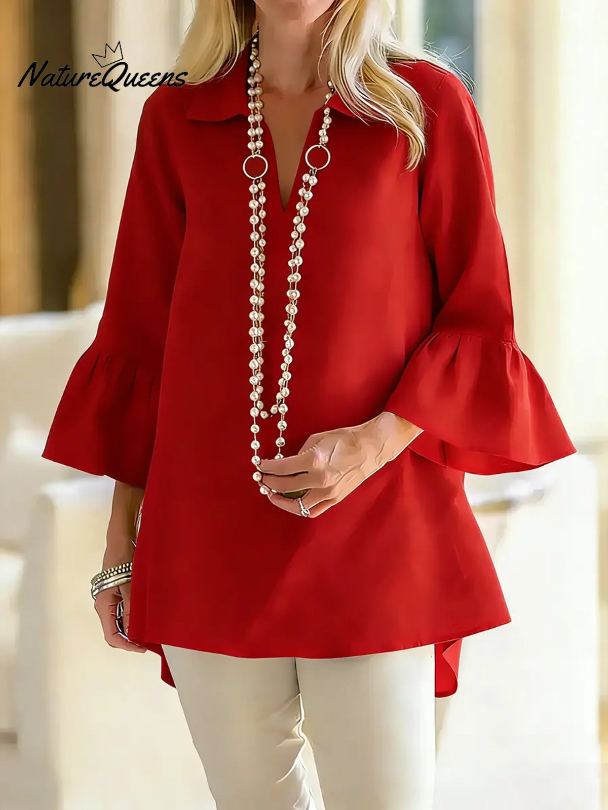 Women's Solid Color V-neck Three-quarter Sleeve Casual Loose Cotton And Linen Top