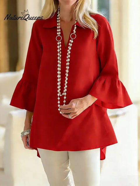 Women's Solid Color V-neck Three-quarter Sleeve Casual Loose Cotton And Linen Top