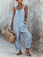 Striped Square-Neck Cotton-Linen Jumpsuit with Spaghetti Straps