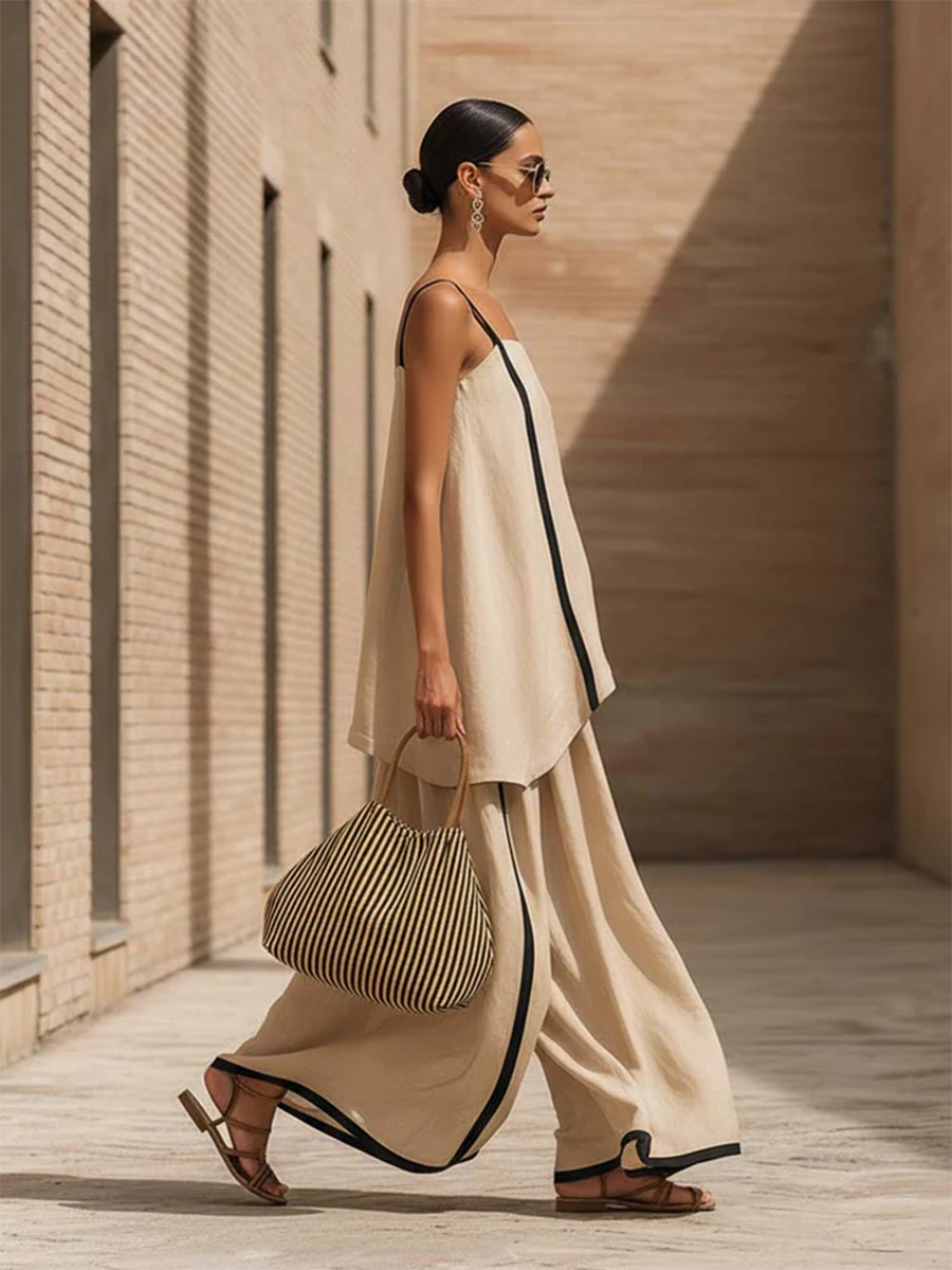 Artistic Black Cotton-linen Two-piece Set With Decorative Trim