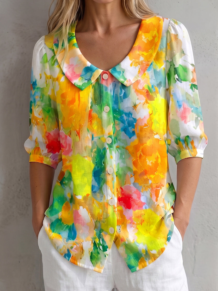 Watercolor Floral-print Peter Pan Collar Cotton-linen Blouse