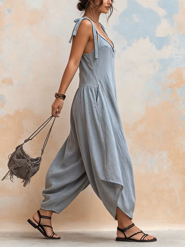 Casual Linen And Cotton Strappy Jumpsuit