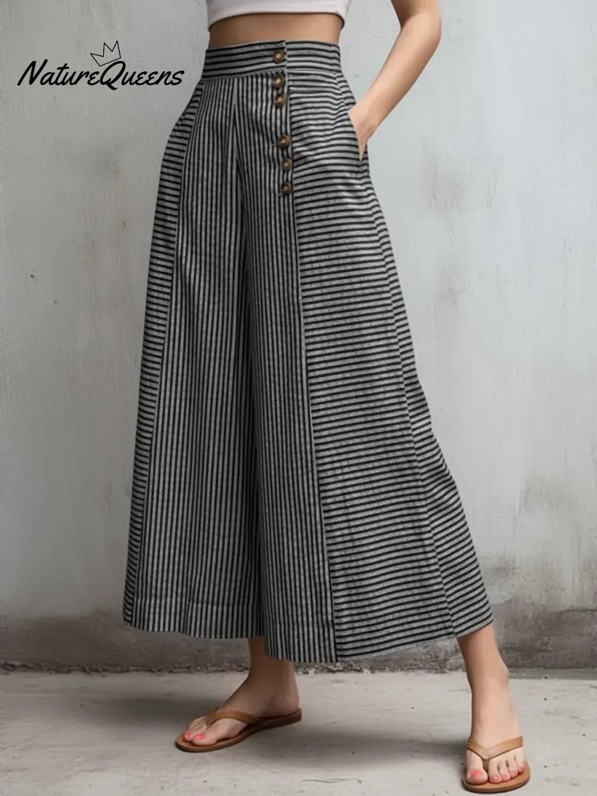 Women's Casual Striped Linen And Cotton Wide-leg Trousers