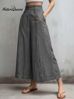 Women's Casual Striped Linen And Cotton Wide-leg Trousers