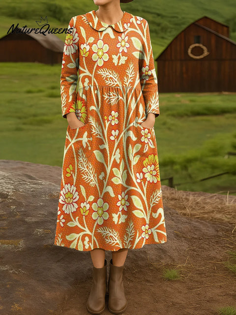 Women's Ethnic Floral Art Print Cotton Lapel Button-Down Shirt Dress