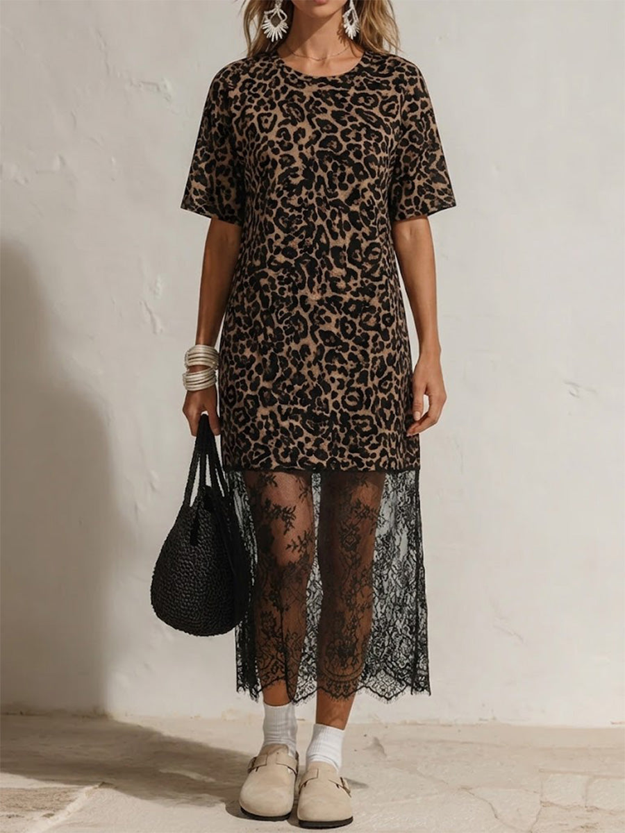 Leopard Print Lace Hem Shift Dress