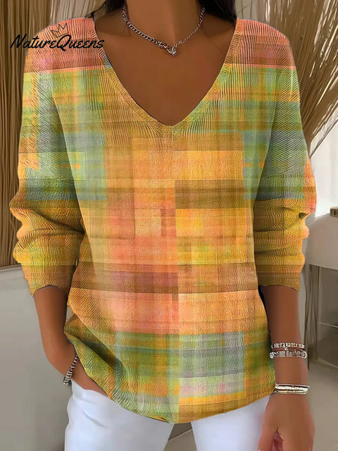 Gradient Stripes Print V-neck Pullover Sweater