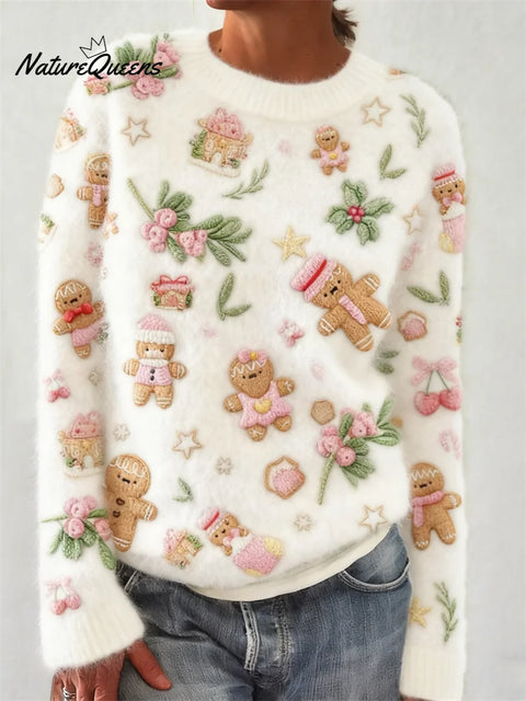 Women's Christmas Gingerbread Pattern Art Print Casual Cotton Sweater