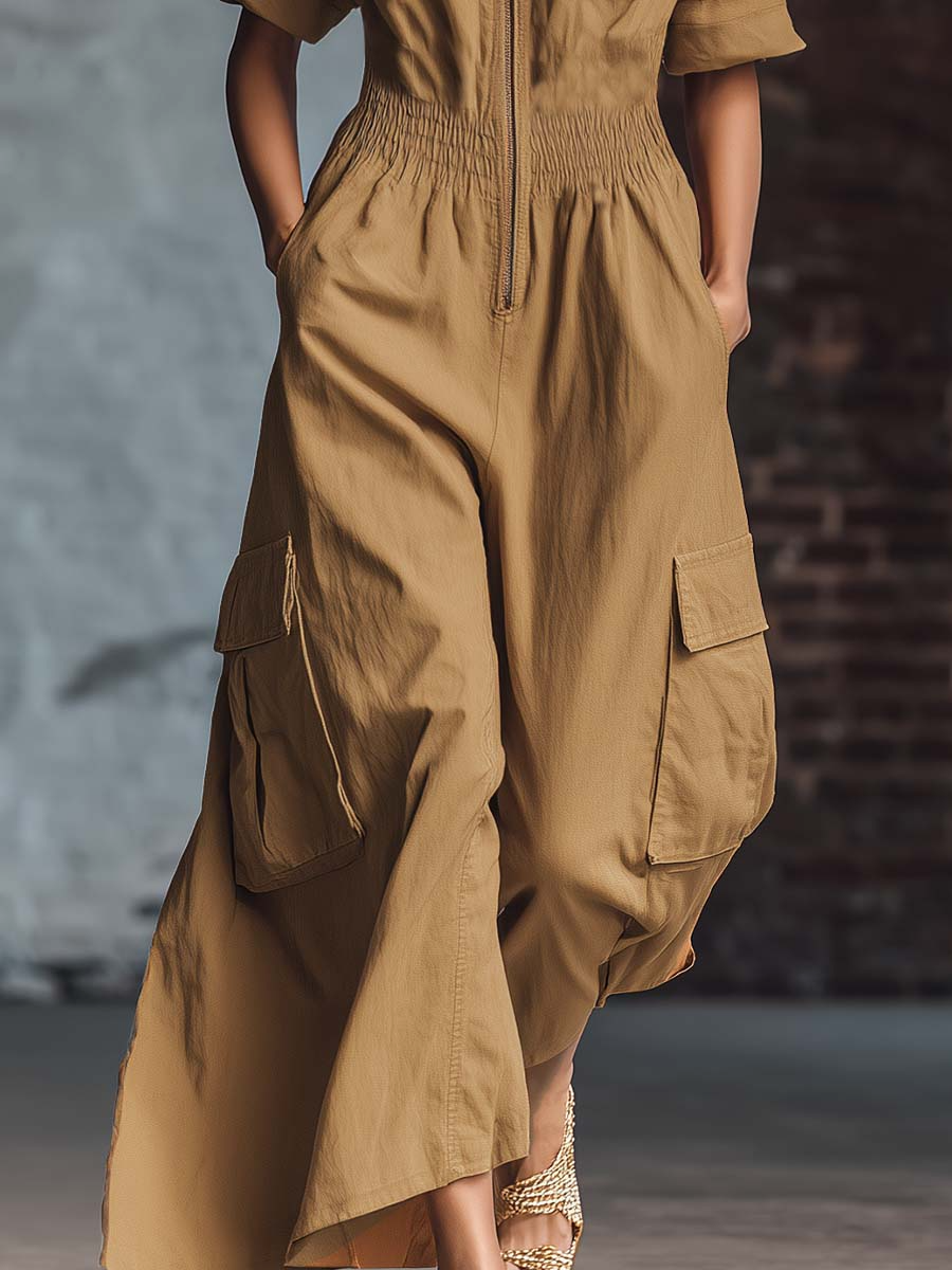 Elegant Off-the-shoulder Zippered Cotton Jumpsuit