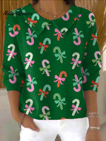 Women's Christmas Candy Print Casual Peter Pan Collar 3/4 Sleeve Sweater