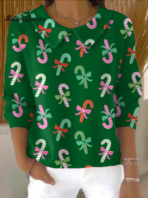Women's Christmas Candy Print Casual Peter Pan Collar 3/4 Sleeve Sweater