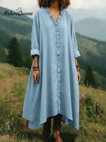 Vintage Casual Lace-trimmed V-neck Linen Dress