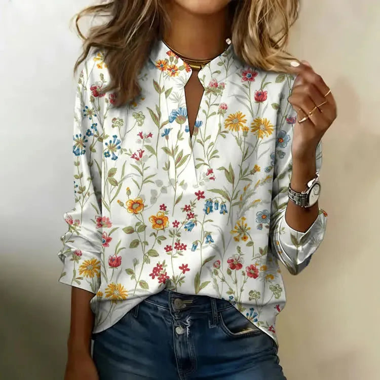 Women's Floral Print V-neck Cotton Top