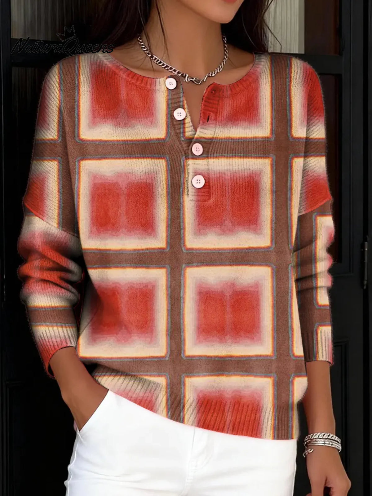 Women's Vintage Plaid Pattern Art Print Buttoned Cardigan Sweater
