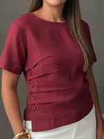 Casual Pleated Button Cotton And Linen Top