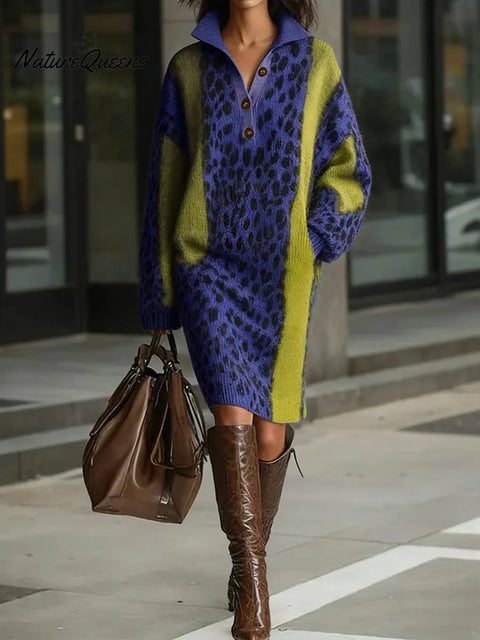 Women's Leopard Print Lapel Long Sleeve Casual Loose Knit Dress
