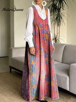 Women's Retro Splicing Colorful Flowers Pattern Art Print Casual Cotton Denim Dress