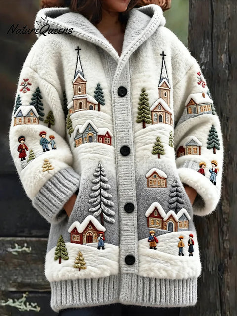 Women's Christmas Pattern Art Print Casual Fleece Coat