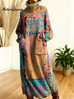 Women's Retro Floral Flowers High-neck Long-sleeve Casual Loose Knit Dress