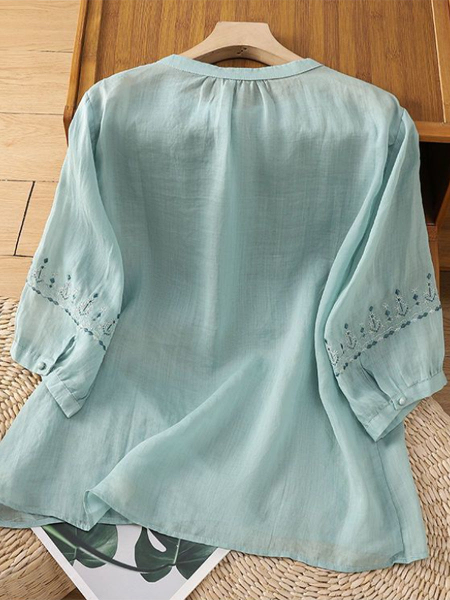 Embroidered, Artsy-retro Style, Pullover, 3/4-sleeve, Loose-fit Cotton-linen Shirt (lightweight)
