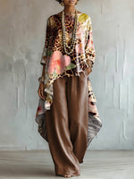 Loose-fit Leopard Print & Floral Cotton-linen Top + Wide-leg Pants Set