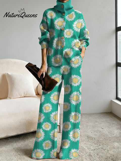 Women's Floral Pattern Art Print Casual Cotton Knitted Suits