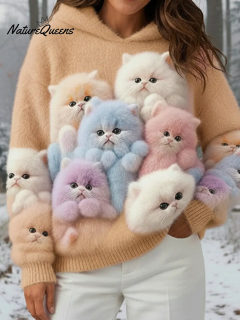 Cozy Cute Kitten Faux Mink Fleece Hooded Sweatshirt