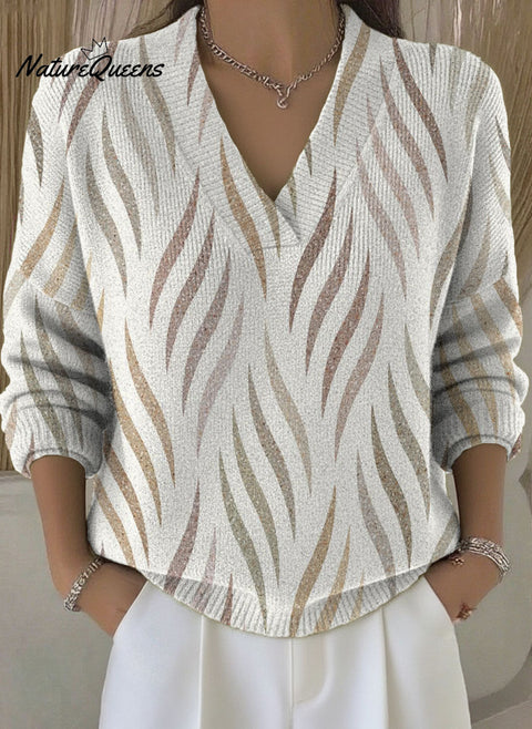 Simple Geometric Short Wavy Line Decorative Patterns Women‘s Casual V Collar Long Sleeve Sweater