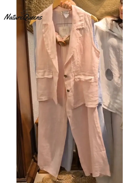 Women's Casual Linen And Cotton Vest And Trousers Two-piece Set