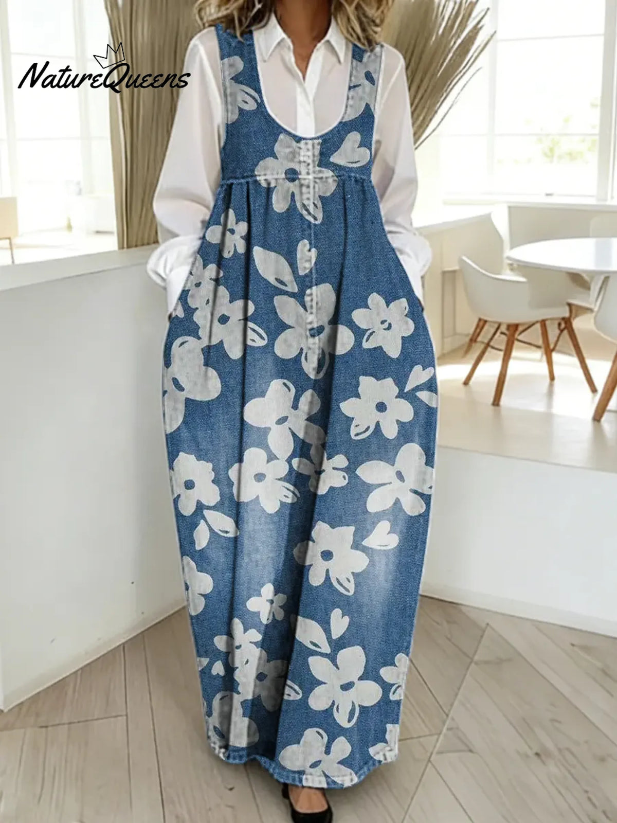 Women's Vintage Flower Pattern Art Print Casual Cotton Denim Dress