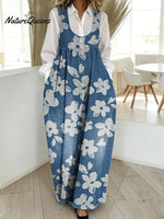 Women's Vintage Flower Pattern Art Print Casual Cotton Denim Dress