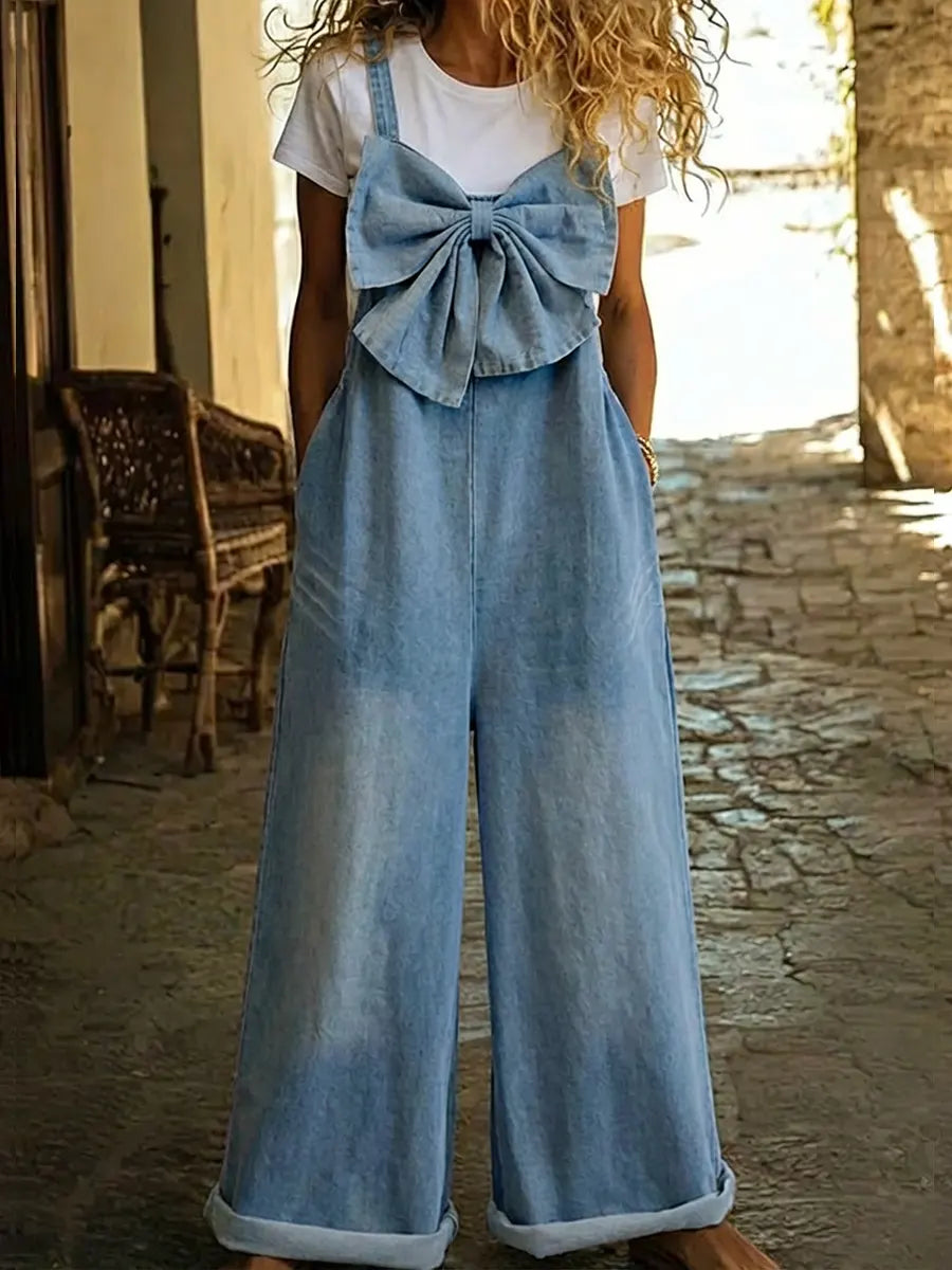 Women's Bow-tie Casual Washed Denim Wide-leg Jumpsuit