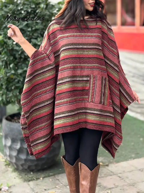Women's Geometric Print Crew Neck Long Sleeve Casual Loose Cape Top