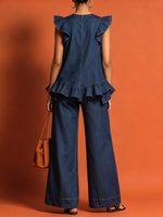 Women's Ruffle Trim Top And Wide-leg Jeans Set