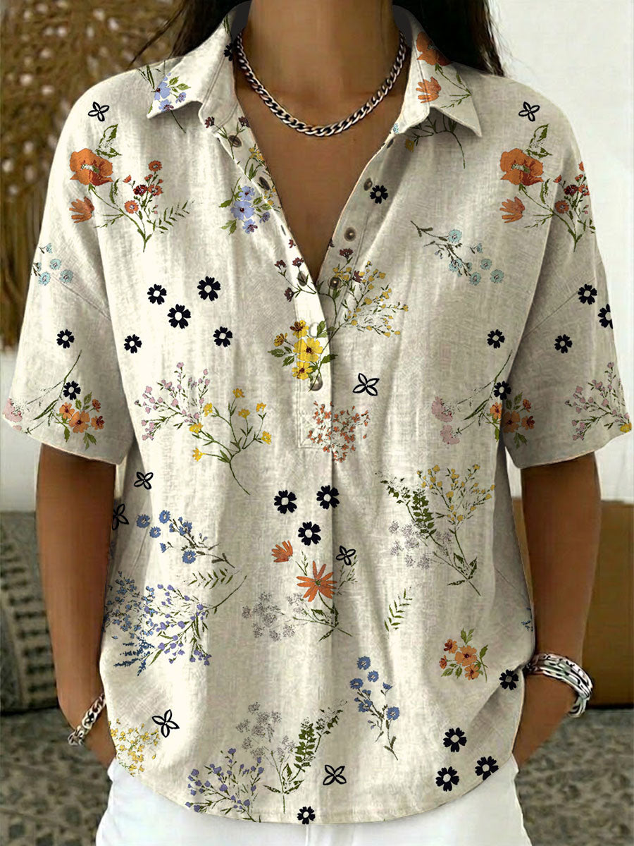 Women’s Flower Print Cotton Linen Polo Shirt