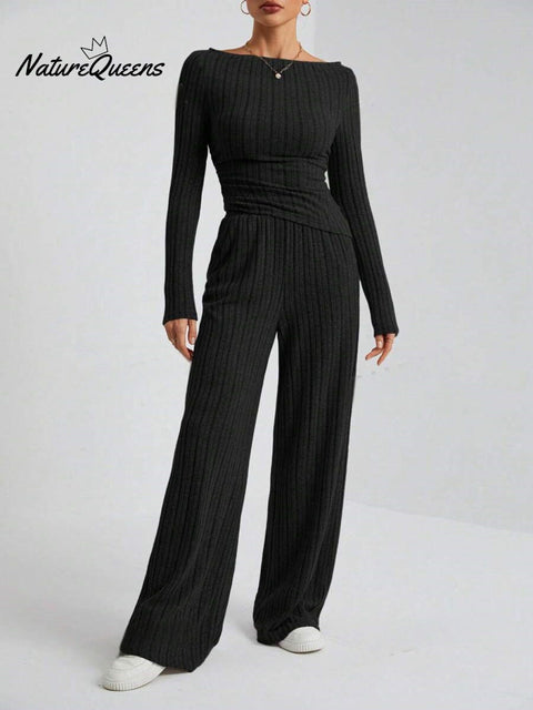 Women's Casual Striped Loose Long Sleeve Top Pants Knitted Suit
