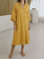 Women's Solid Color V-neck 3/4 Sleeve Casual Loose Linen Dress