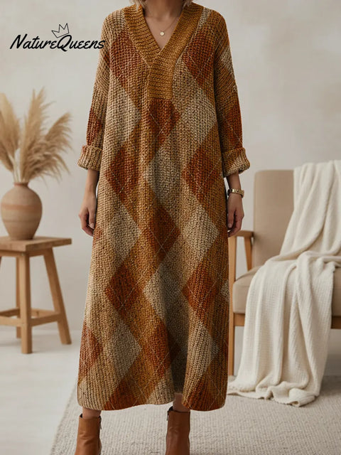 Women's Retro Plaid V-neck Knit Dress