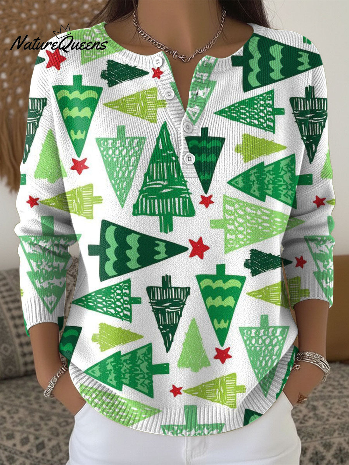 Women's Retro Christmas Trees Snowflake Pattern Art Print Buttoned Cardigan Sweater