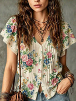 Women's Floral Art Print Casual Cotton Linen Shirt