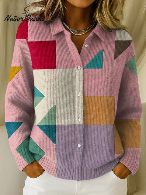 Women's Geometric Pattern Art Print Casual Cotton Knitted Sweater