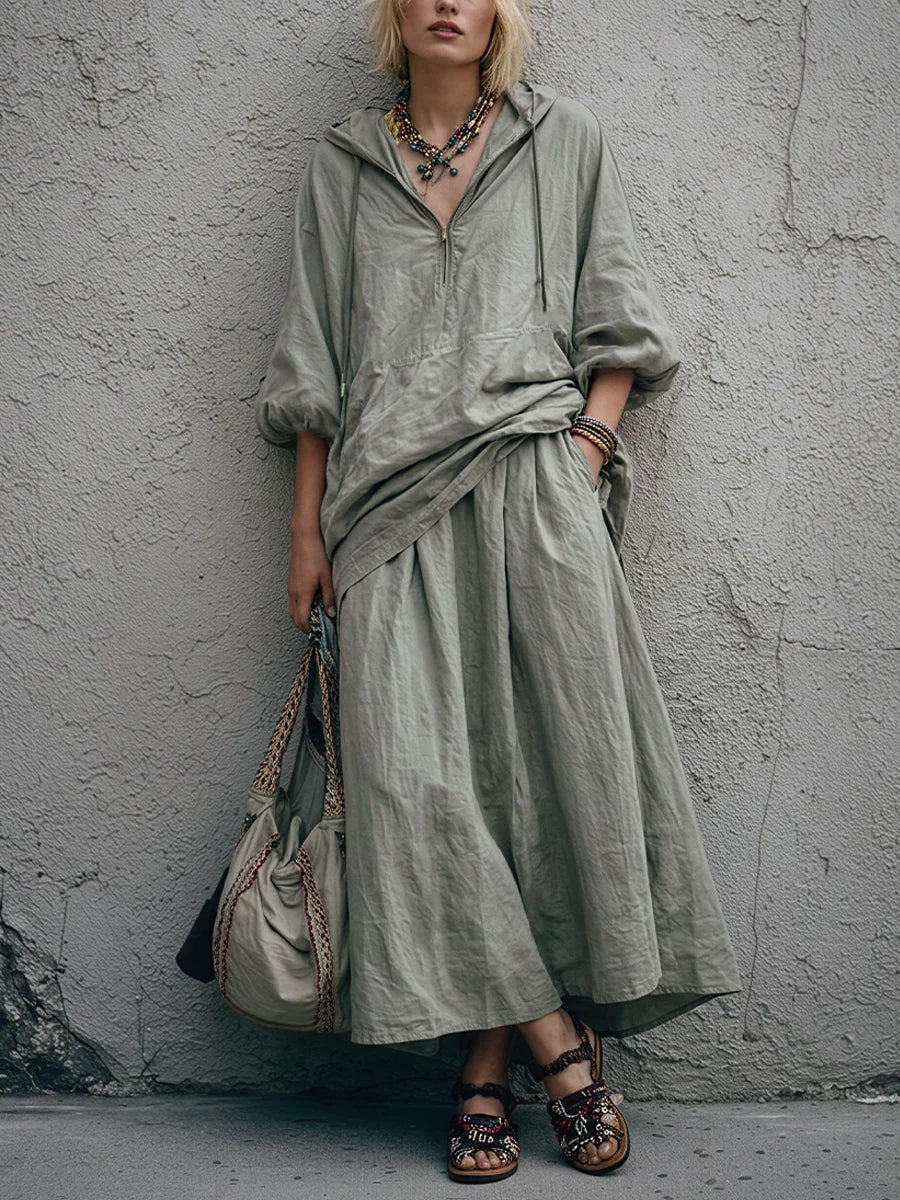 Casual Loose-fit Half-zip Linen-cotton Hoodie And Skirt Two-piece Set