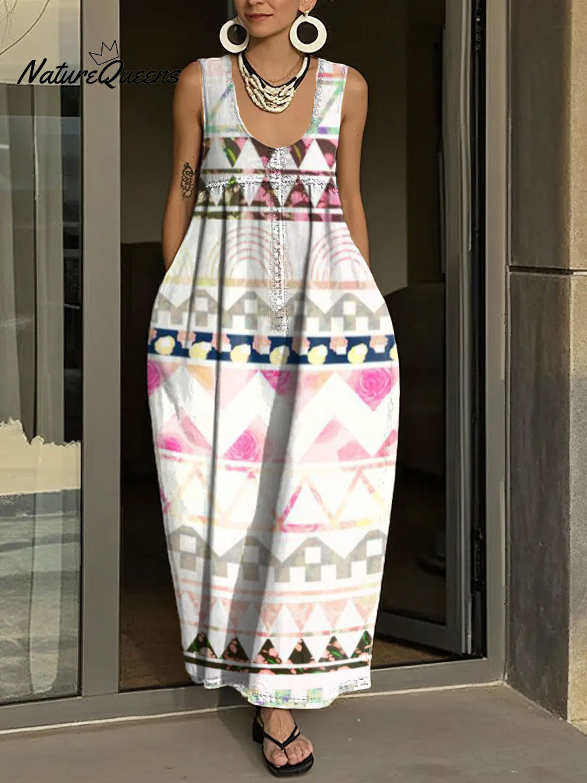 Women's Simple Lines Pattern Art Print Casual Cotton Denim Dress