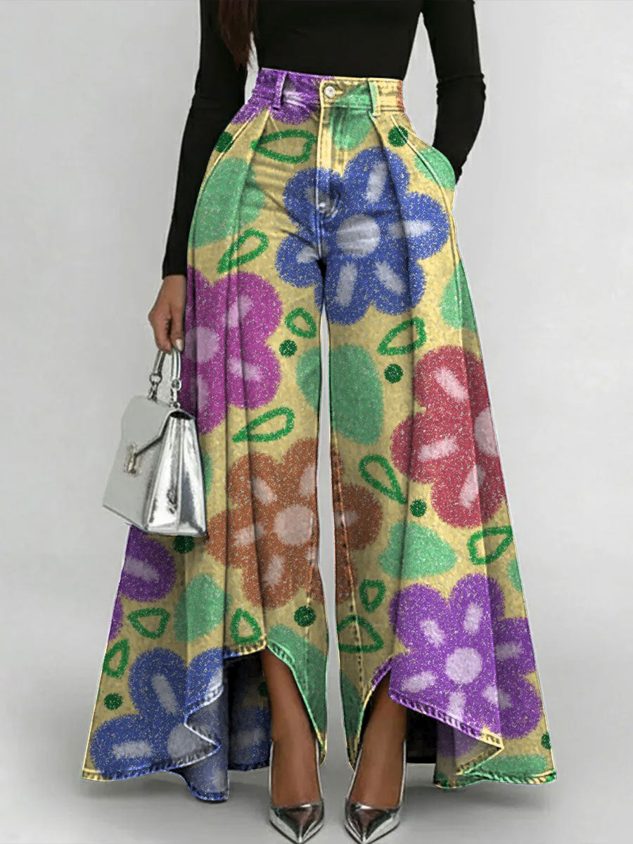 Women's Geometric Gradient Flowers Patchwork Print High-waisted Relaxed Wide-leg Jeans