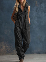 Women's Stand-collar Sleeveless Casual Loose Denim Wide-leg Jumpsuit