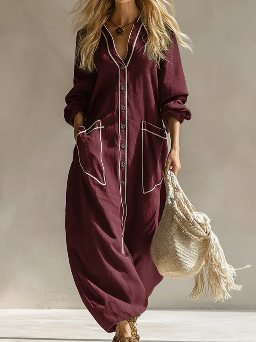 Comfortable Linen And Cotton Trimmed Dress