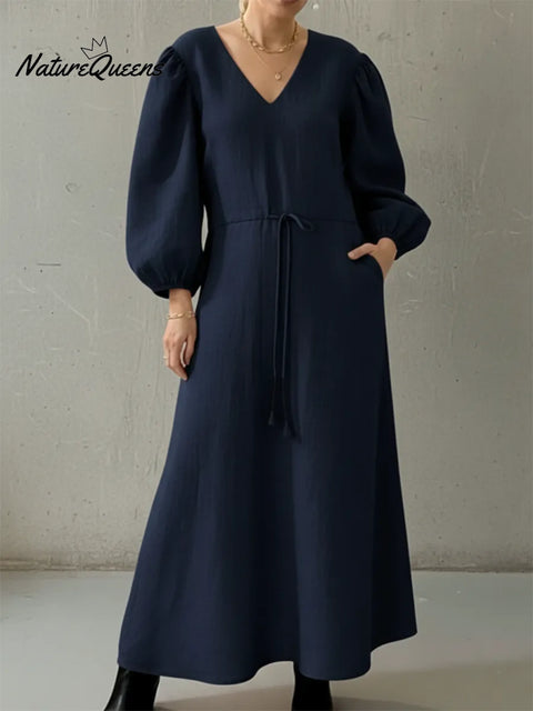 Elegant V-neck Puff Sleeve Adjustable Drawstring Linen Dress
